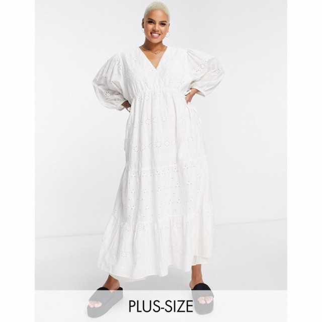 リバーアイランド River Island Plus レディース ワンピース ミドル丈 ワンピース・ドレス Broderie Smock Midi Dress In White ホワイト