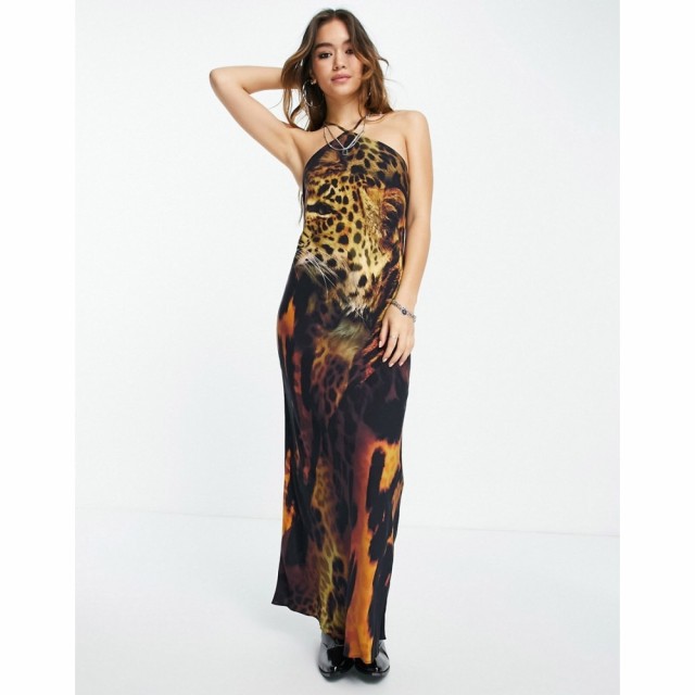 エイソス ASOS DESIGN レディース ワンピース スリップドレス マキシ丈 Halter Neck Maxi Slip Dress In Animal Placement Print アニマ