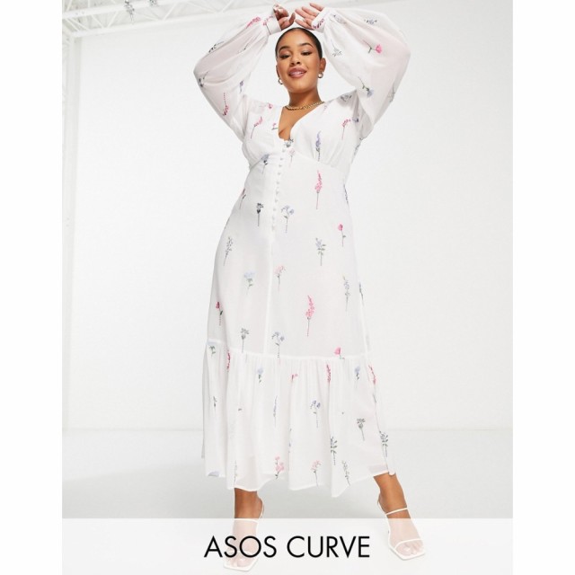 エイソス ASOS Curve レディース ワンピース マキシ丈 ワンピース・ドレス Curve Button Through Embroidered Maxi Tea Dress In White