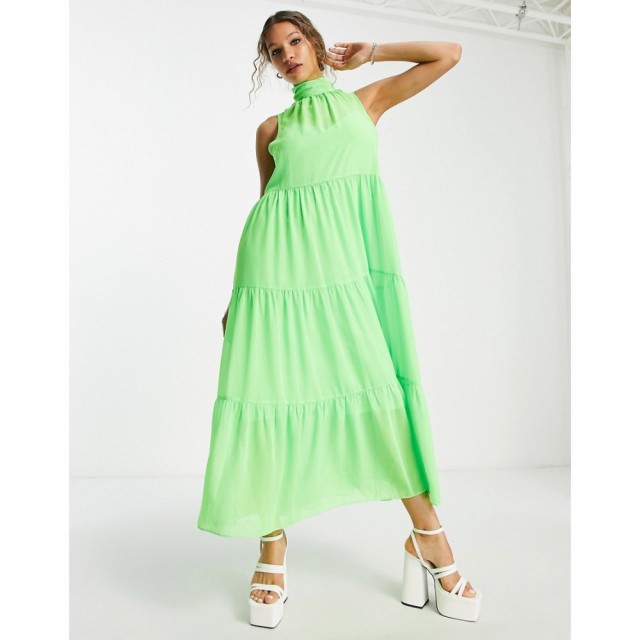 エイソス ASOS DESIGN レディース ワンピース Ａライン ワンピース・ドレス High Neck Tiered Maxi Dress In Neon Green ネオングリーン