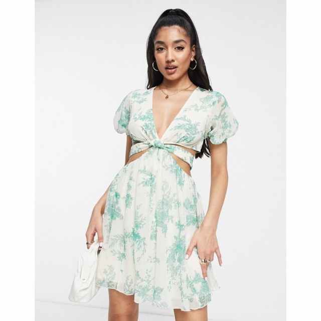 エイソス ASOS DESIGN レディース ワンピース Ａライン Soft Tiered Mini Dress With Tie Waist Detail In Green Floral グリーンフロー