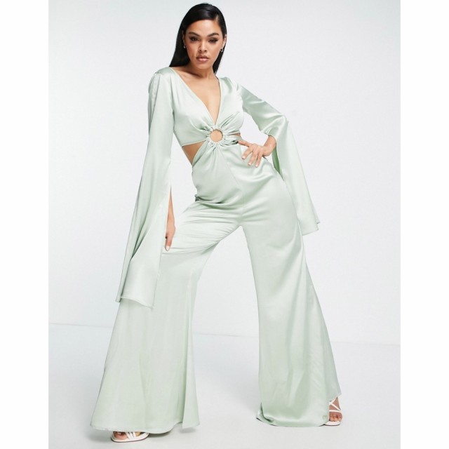 エイソス ASOS DESIGN レディース オールインワン ジャンプスーツ Satin Ring Detail Cut Out Extreme Flare Sleeve Jumpsuit In Sage セ