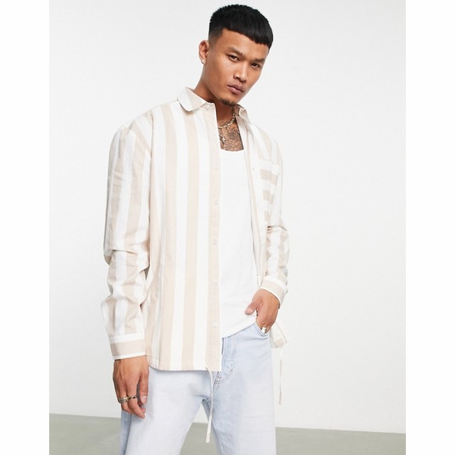 トップマン Topman メンズ シャツ シャツジャケット トップス Lightweight Stripe Overshirt In Stone And White