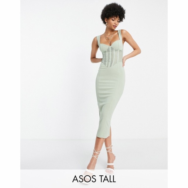 エイソス ASOS Tall レディース ワンピース コルセット ミドル丈 ワンピース・ドレス Tall Lace Insert Corset Midi Dress In Dusty Sage