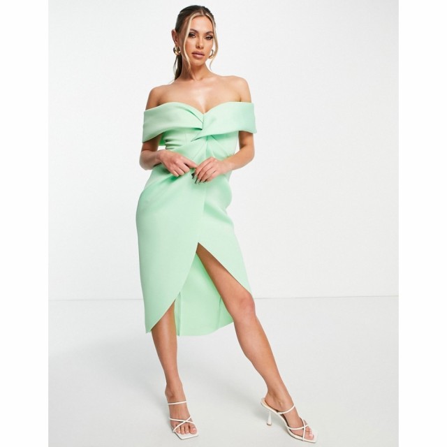 エイソス ASOS DESIGN レディース ワンピース タイト ミドル丈 Off Shoulder Twist Front Midi Pencil Dress In Green Ash アッシュグリ