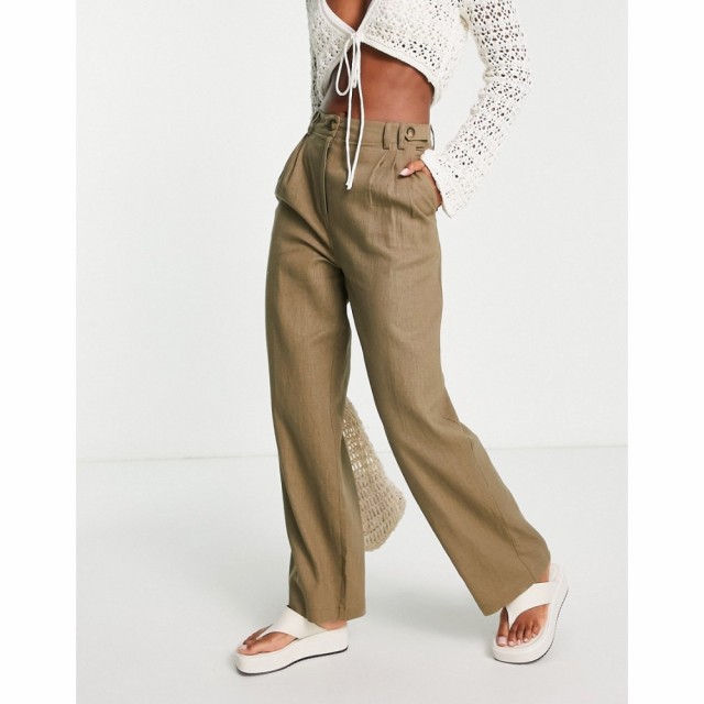 トップショップ Topshop レディース ボトムス・パンツ Mid Rise Linen Straight Leg Button Detail Trouser In Khaki カーキ