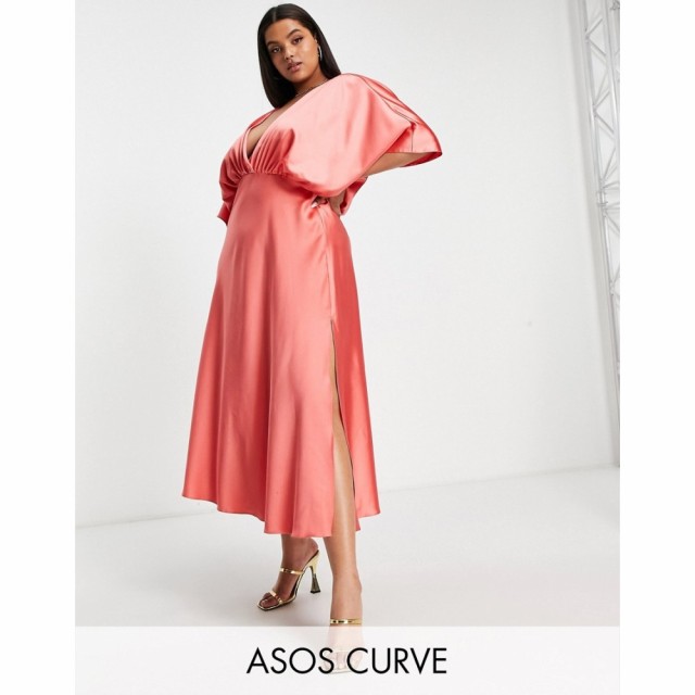 エイソス ASOS Curve レディース ワンピース ラップドレス ミドル丈 ワンピース・ドレス Curve Wrap Front Batwing Sleeve Satin Midi Dr