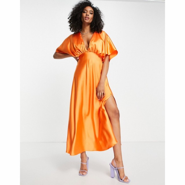 エイソス ASOS DESIGN レディース ワンピース ラップドレス ミドル丈 ワンピース・ドレス Wrap Front Batwing Sleeve Satin Midi Dress I