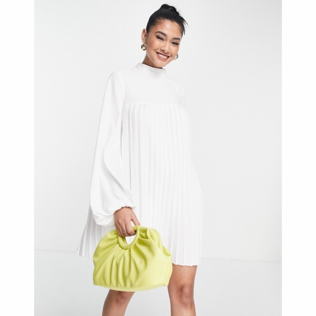 エイソス ASOS DESIGN レディース ワンピース ミニ丈 ワンピース・ドレス High Neck Pleated Trapeze Mini Dress In Ivory アイボリー