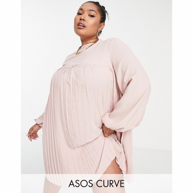 エイソス ASOS Curve レディース ワンピース ミニ丈 ワンピース・ドレス Curve High Neck Pleated Trapeze Mini Dress In Blush ベビーピ