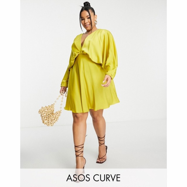 エイソス ASOS Curve レディース ワンピース ミニ丈 ワンピース・ドレス Curve Batwing Satin Mini Dress With Bias Cut Skirt And Tie B