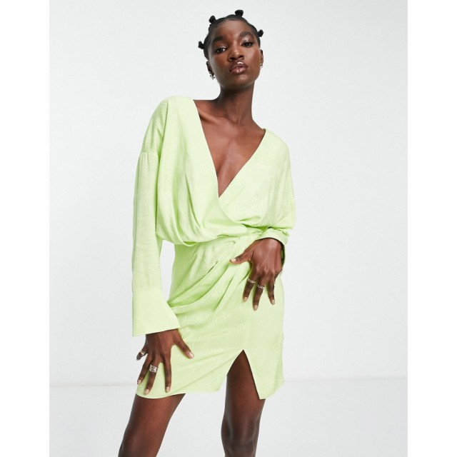 エイソス ASOS DESIGN レディース ワンピース ミニ丈 Cuffed Long Sleeved Satin Mini Dress With Pleat Detail Skirt In Lime Green グ