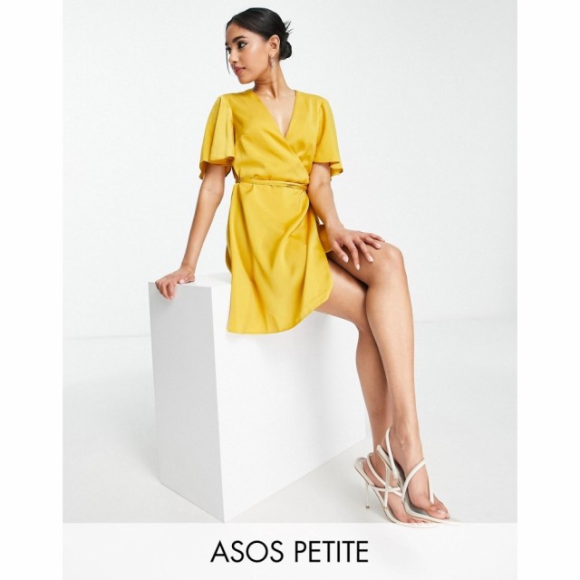 エイソス ASOS Petite レディース ワンピース ラップドレス ミニ丈 Petite Satin Wrap Mini Dress With Flutter Sleeve And Tie Detail I