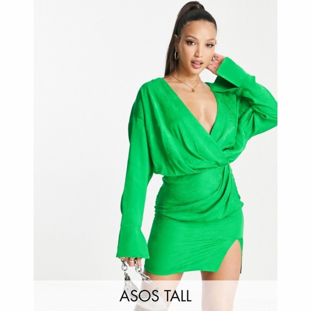 エイソス ASOS Tall レディース ワンピース ミニ丈 Tall Cuffed Long Sleeved Satin Mini Dress With Pleat Detail Skirt In Green ライ