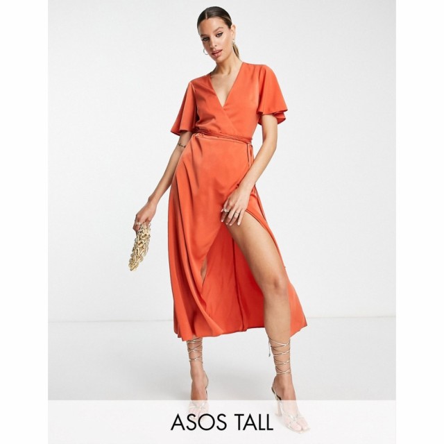 エイソス ASOS Tall レディース ワンピース ラップドレス ミドル丈 Tall Satin Wrap Midi Dress With Flutter Sleeve And Tie Detail In