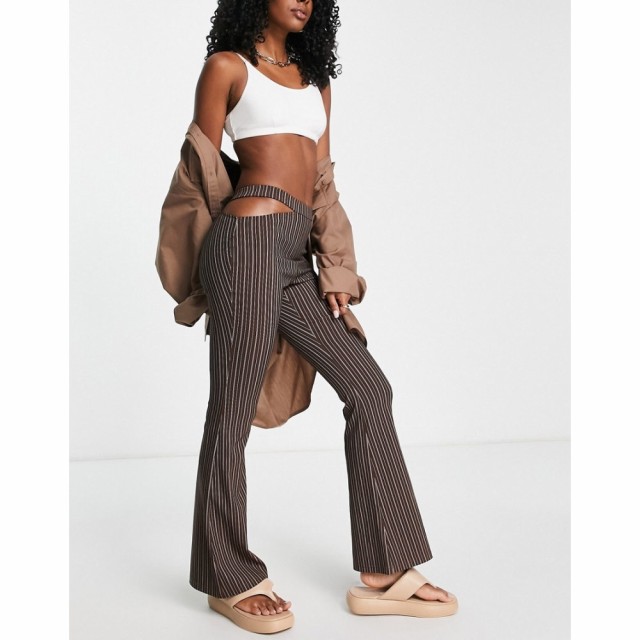 トップショップ Topshop レディース ボトムス・パンツ One Side Cut Out Bengaline Flared Trouser In Brown Pinstripe