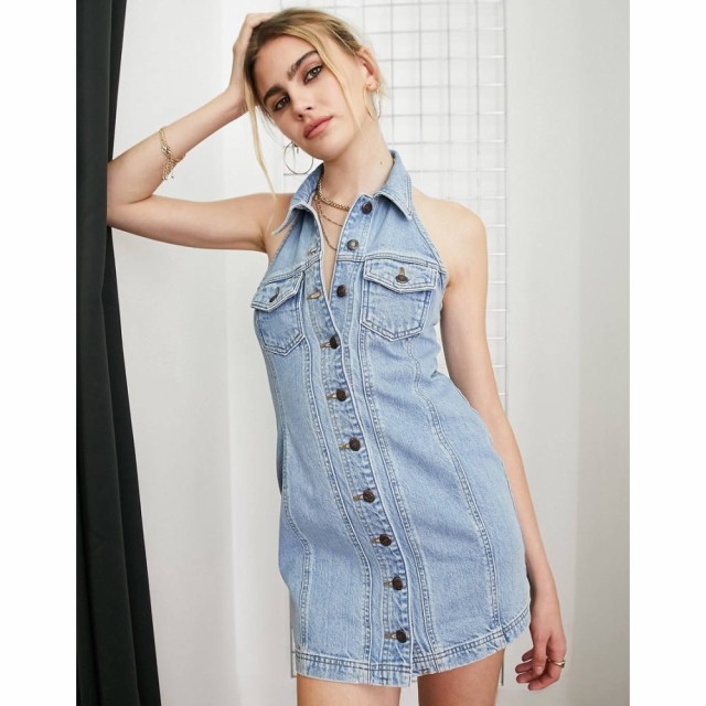 トップショップ Topshop レディース ワンピース デニム ワンピース・ドレス Y2K Halter Button Up Collar Denim Dress In Mid Blue ブル