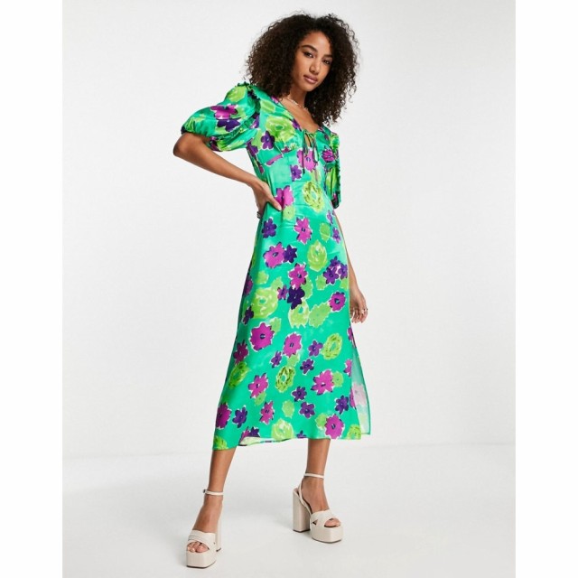 トップショップ Topshop レディース ワンピース ミドル丈 ワンピース・ドレス Graphic Floral Midi Angel Sleeve Dress In Green グリー