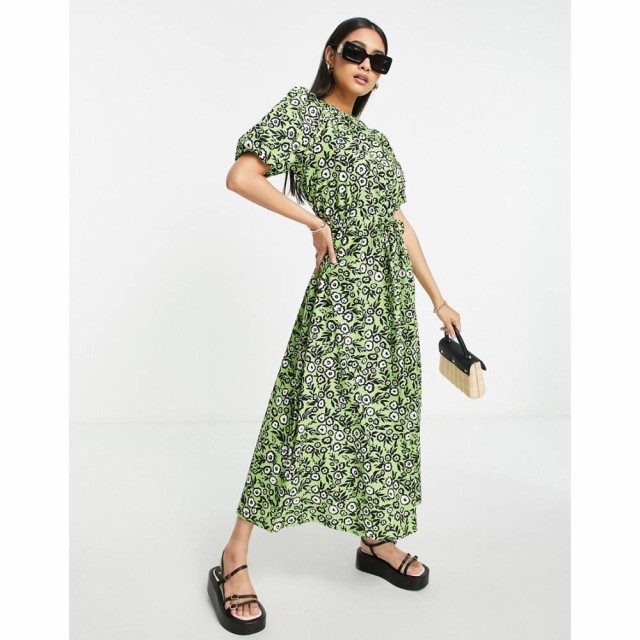 トップショップ Topshop レディース ワンピース ミドル丈 ワンピース・ドレス Textured Graphic Green Floral Midi Tea Dress グリーン