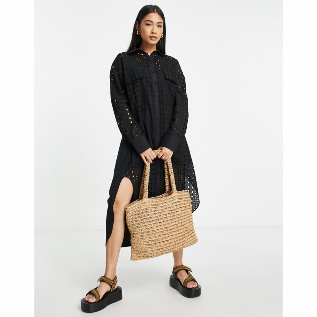 トップショップ Topshop レディース ワンピース ミドル丈 シャツワンピース ワンピース・ドレス Broderie Midi Shirt Dress In Black ブ