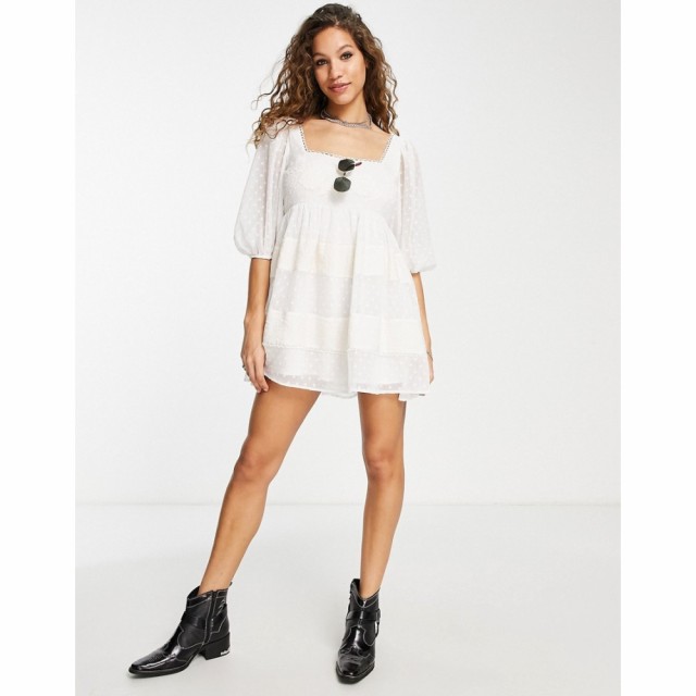 エイソス ASOS DESIGN レディース ワンピース ミニ丈 Embroidered Square Neck Mini Smock Dress With Open Back And Ladder Trims In Cr