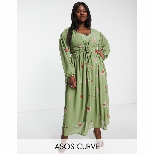 エイソス ASOS Curve レディース ワンピース マキシ丈 ワンピース・ドレス Curve Soft All Over Embroidered Maxi Dress In Khaki カーキ