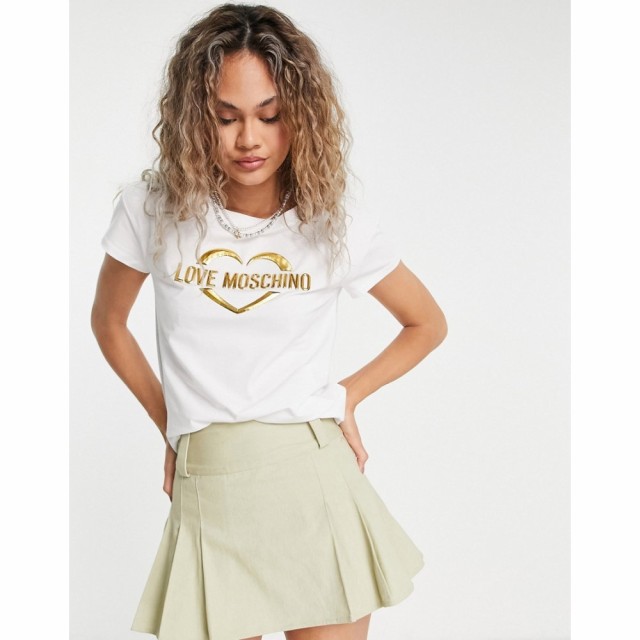 モスキーノ Love Moschino レディース Tシャツ トップス Metallic Gold Logo T-Shirt In White オプティカルホワイト