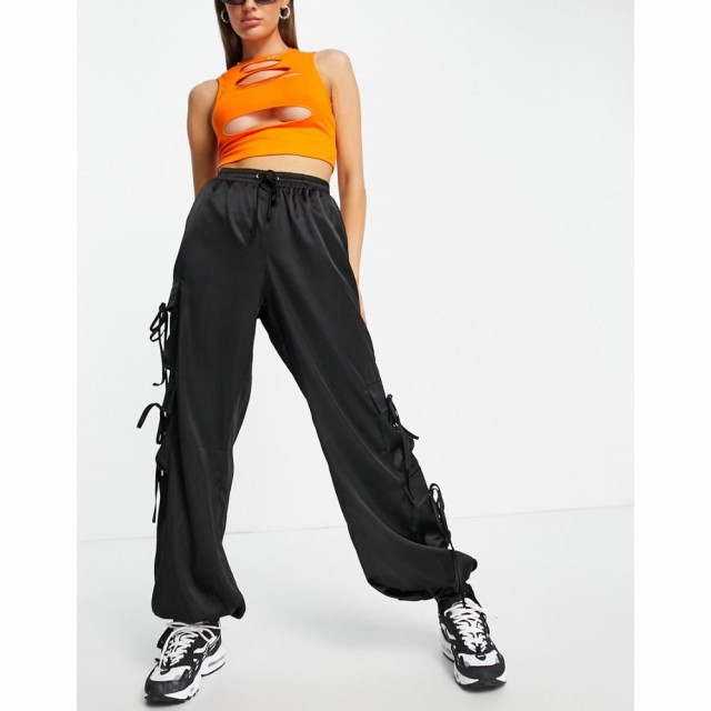 ミスガイデッド Missguided レディース カーゴパンツ ボトムス・パンツ Satin Cargo Trousers With Tie Cuff Detail In Black ブラック