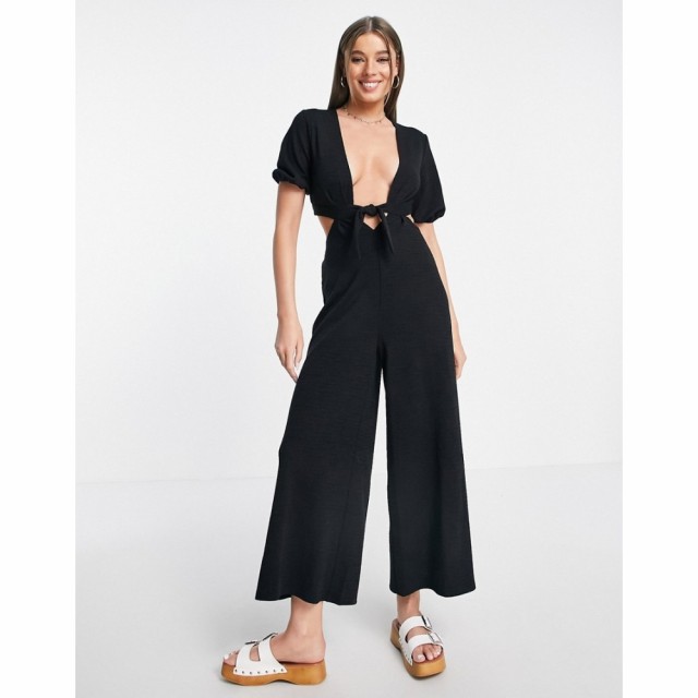 エイソス ASOS DESIGN レディース オールインワン ジャンプスーツ ワンピース・ドレス Deep V Jumpsuit With Puff Sleeve In Black ブラ