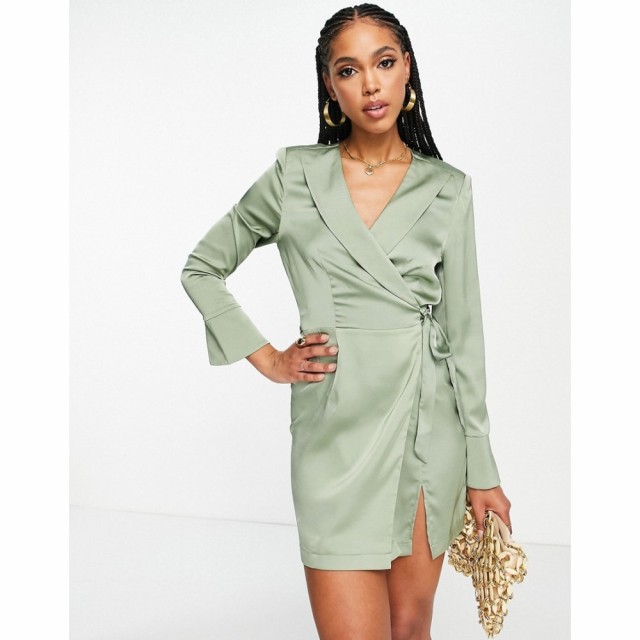 アリア Aria Cove レディース ワンピース ラップドレス ワンピース・ドレス Satin Wrap Dress With Split Detail In Sage セージ