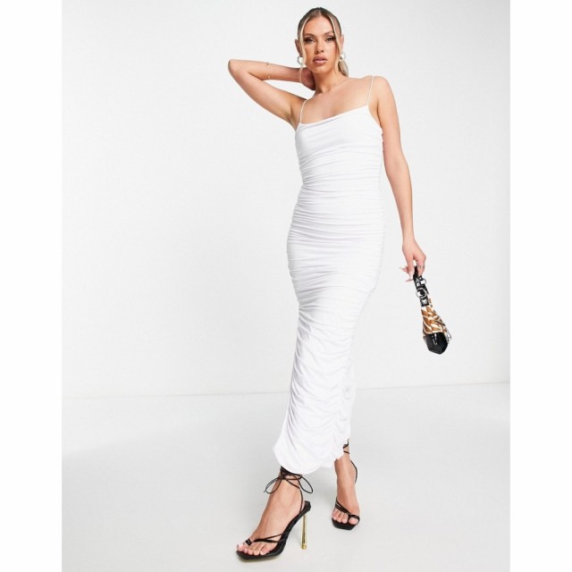 アリア Aria Cove レディース ワンピース ミドル丈 ワンピース・ドレス Recycled Ruched Midi Dress With High Thigh Split In White ホ