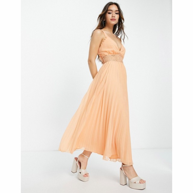 エイソス ASOS DESIGN レディース ワンピース ミドル丈 ワンピース・ドレス Lace Insert Pleated Midi Dress In Peach ピーチ