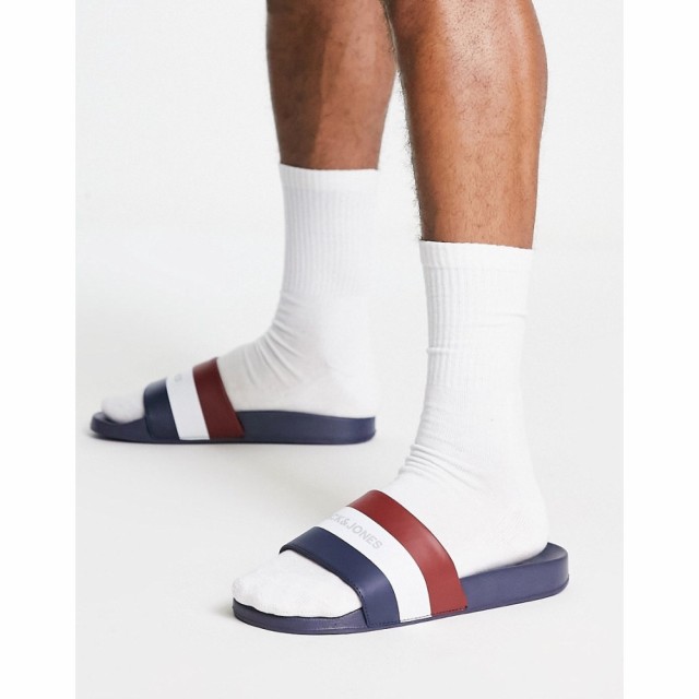 ジャック アンド ジョーンズ Jack and Jones メンズ サンダル シューズ・靴 Slider With Striped Branded Strap In Navy ネイビー