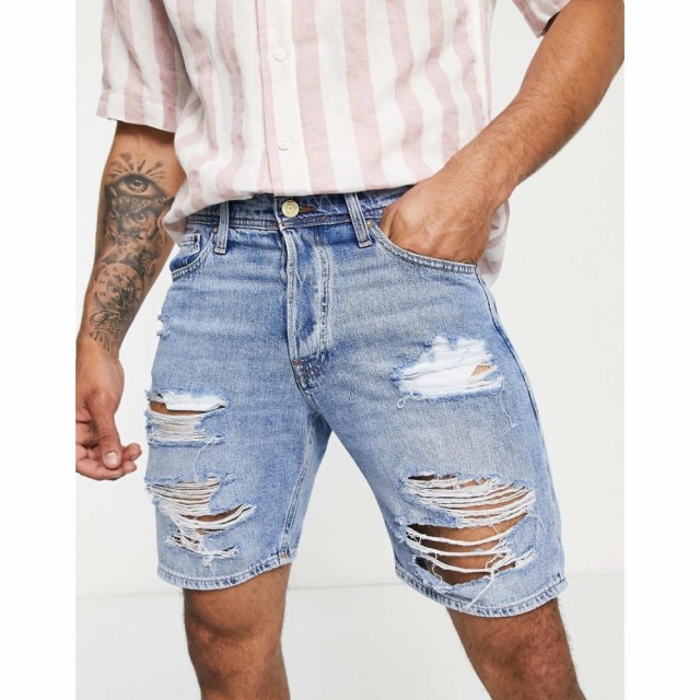 ジャック アンド ジョーンズ Jack and Jones メンズ ショートパンツ デニム Loose Fit Denim Shorts With Abrasions In Light Wash ブル