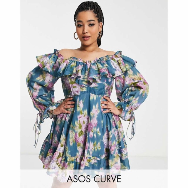 エイソス ASOS Curve レディース ワンピース ワンピース・ドレス Curve Exclusive Off Shoulder Mini Dress With Ruffle Detail In Flora