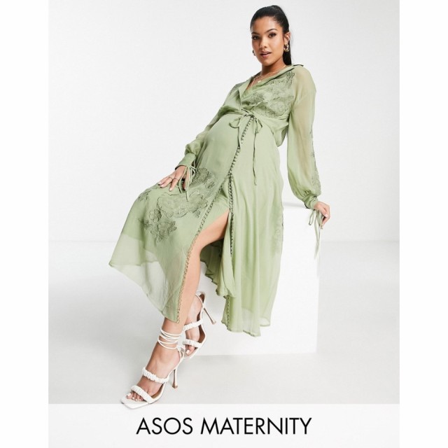 エイソス ASOS DESIGN レディース ワンピース Maternity Floral Embroidered Midi Dress With Lace Insert And Satin Tie Detail In Sage