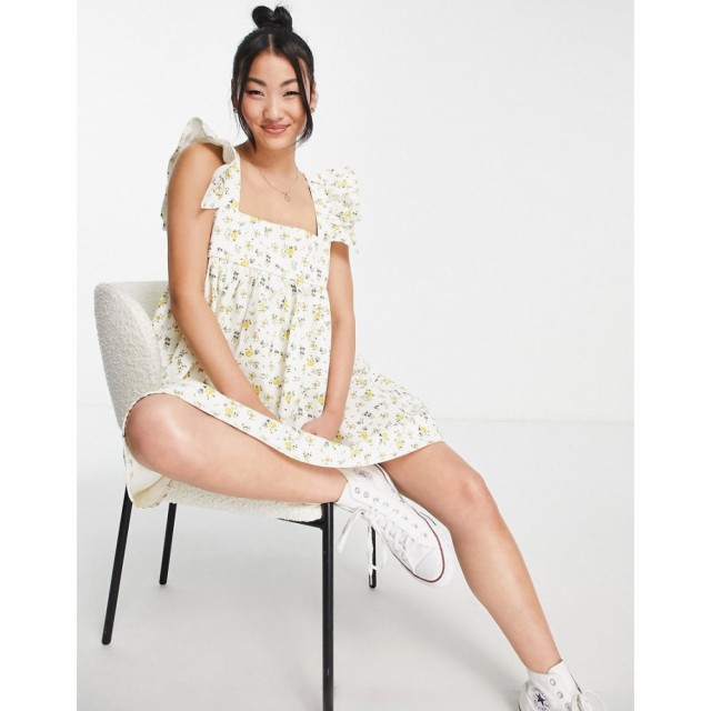 エイソス ASOS DESIGN レディース ワンピース デニム ベビードール ワンピース・ドレス Denim Ruffle Sleeve Babydoll Dress In Floral P