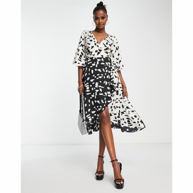 リカリッシュ Liquorish レディース ワンピース ラップドレス Monochrome Print Fake Wrap Dress With Flared Sleeves In Black And Whit