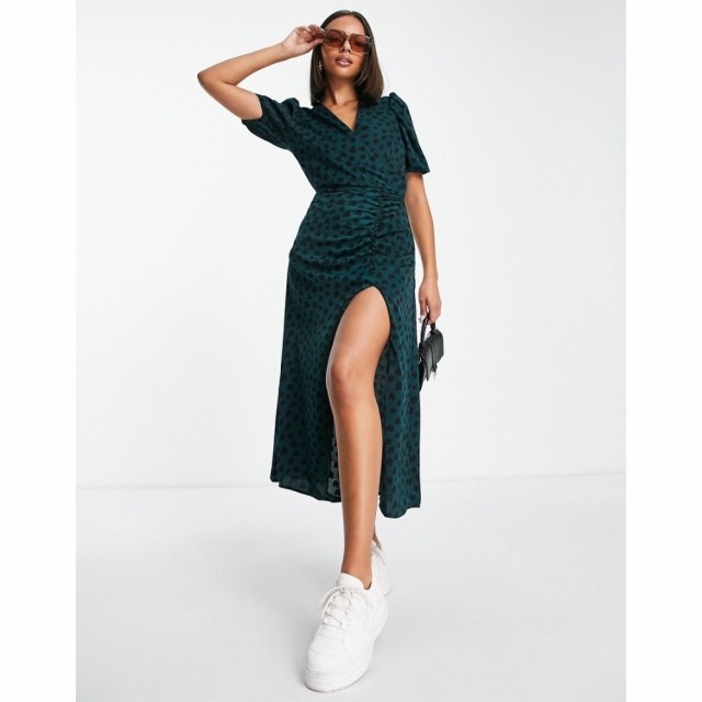 アックスパリス AX Paris レディース ワンピース ミドル丈 ワンピース・ドレス Polka Dot Puff Sleeve Midi Dress In Teal ダークグリー