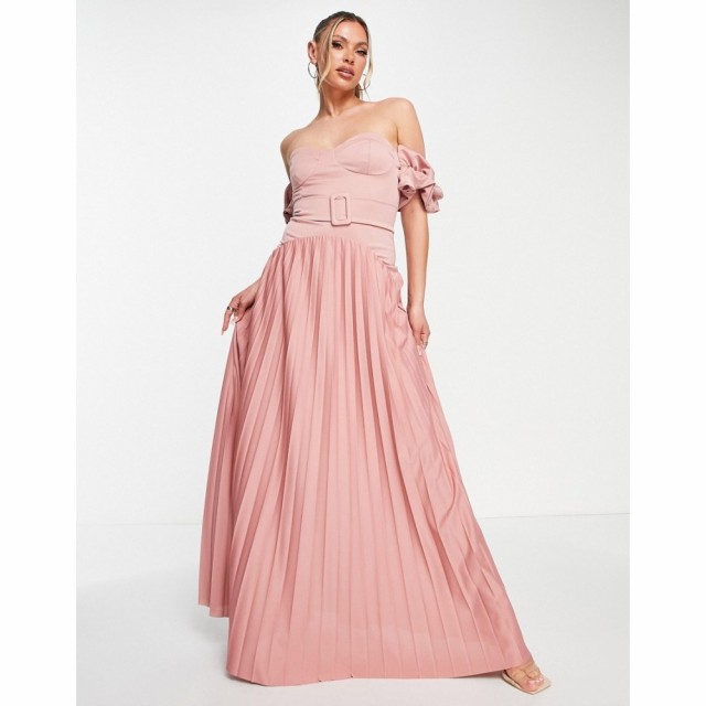 エイソス ASOS DESIGN レディース ワンピース マキシ丈 ワンピース・ドレス Bardot Belted Pleated Maxi Dress In Rose ローズ