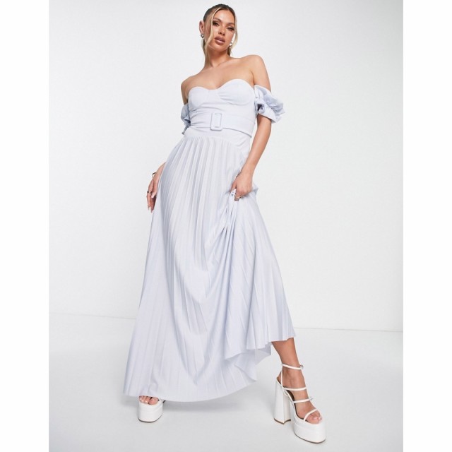 エイソス ASOS DESIGN レディース ワンピース マキシ丈 ワンピース・ドレス Bardot Belted Pleated Maxi Dress In Dusky Blue ダスキーブ