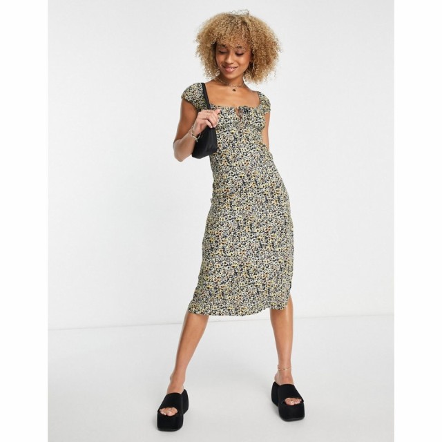 モーテル Motel レディース ワンピース ミドル丈 ワンピース・ドレス Midi Milkmaid Tea Dress With Thigh Split In Grunge Yellow Flora