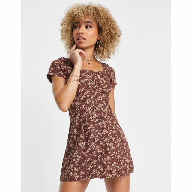 モーテル Motel レディース ワンピース ワンピース・ドレス Square Neck Button Front Mini Tea Dress In Brown Floral