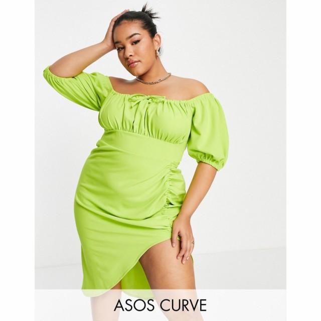 エイソス ASOS Curve レディース ワンピース タイト ミドル丈 Curve Milkmaid Neck Ruched Pencil Midi Dress In Light Green ライムグリ