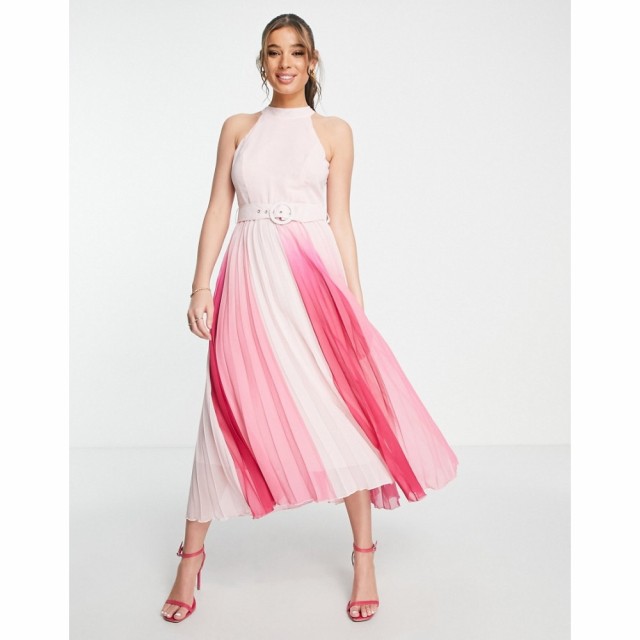 スタイルチート Style Cheat レディース ワンピース ミドル丈 ワンピース・ドレス High Neck Belted Pleat Midi Dress In Pink And Red