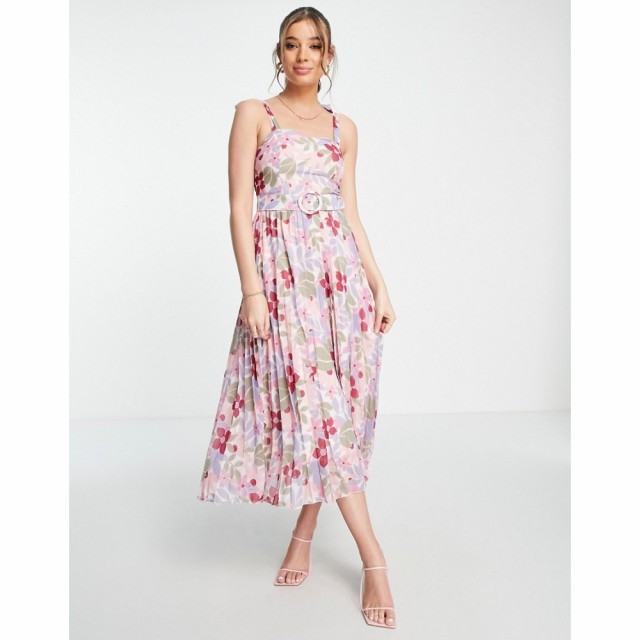 スタイルチート Style Cheat レディース ワンピース ミドル丈 ワンピース・ドレス Tie Shoulder Belted Pleat Midi Dress In Floral フロ