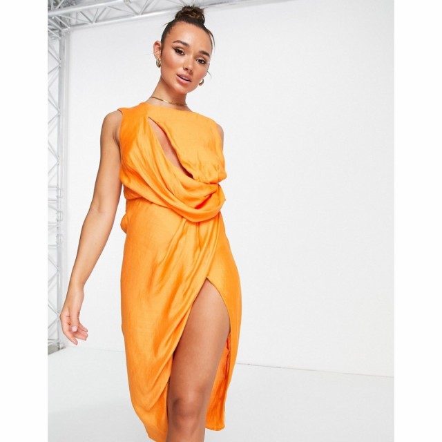 エイソス ASOS DESIGN レディース ワンピース ミドル丈 ワンピース・ドレス Drape Bodice Midi Dress With Split Detail In Orange オレ