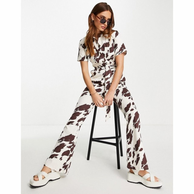 エイソス ASOS DESIGN レディース オールインワン ツナギ ワンピース・ドレス Twill 70S Kickflare Boilersuit In Cow Print