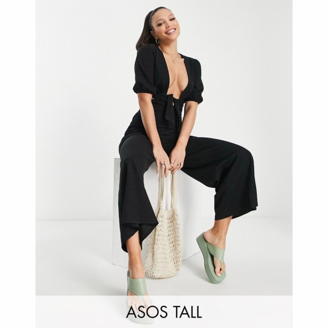 エイソス ASOS DESIGN レディース オールインワン ジャンプスーツ ワンピース・ドレス Tall Deep V Jumpsuit With Puff Sleeve In Black