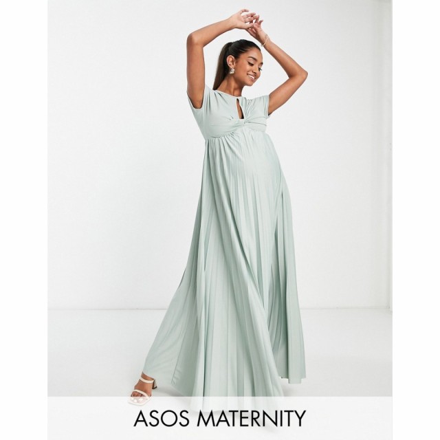 エイソス ASOS Maternity レディース ワンピース Maternity Recycled Polyester Flutter Sleeve Keyhole Pleated Maxi Dress In Sage